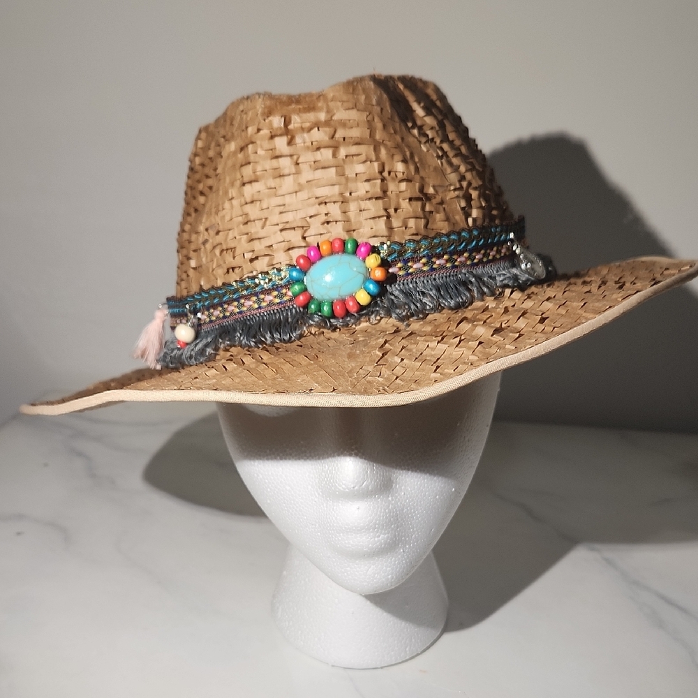 Artisan Woven Look Hat with Multicolor Beaded Band